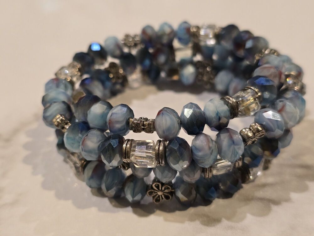Blue Faceted Beaded Wrap Bracelet Crystal Accent Memory Wire Style #1096